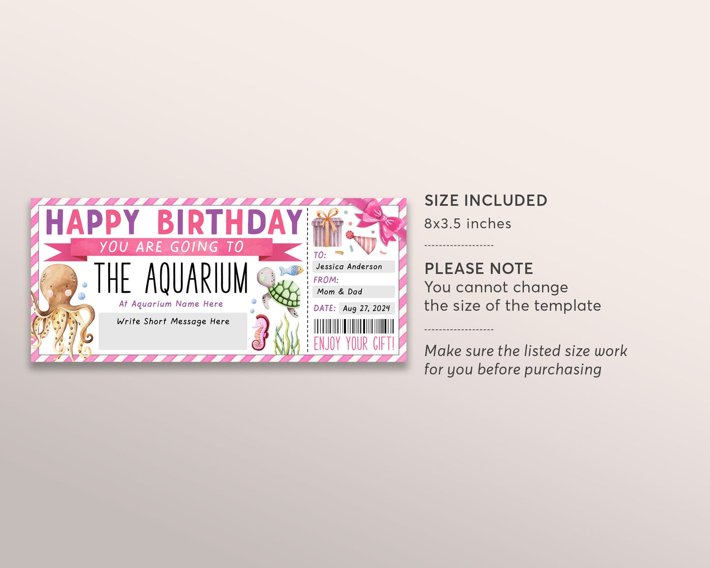 Aquarium Trip Ticket Editable Template, Birthday Surprise Holiday Aquarium Visit Gift Voucher For Kids, Day Trip Gift Certificate Coupon