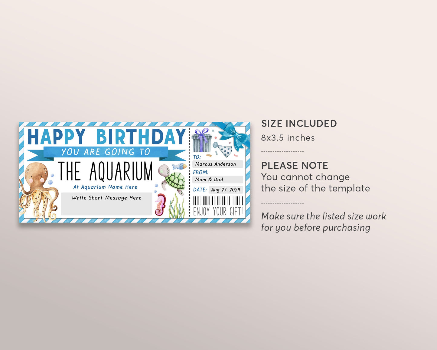 Aquarium Trip Ticket Editable Template, Birthday Surprise Holiday Aquarium Visit Gift Voucher For Kids, Day Trip Gift Certificate Coupon