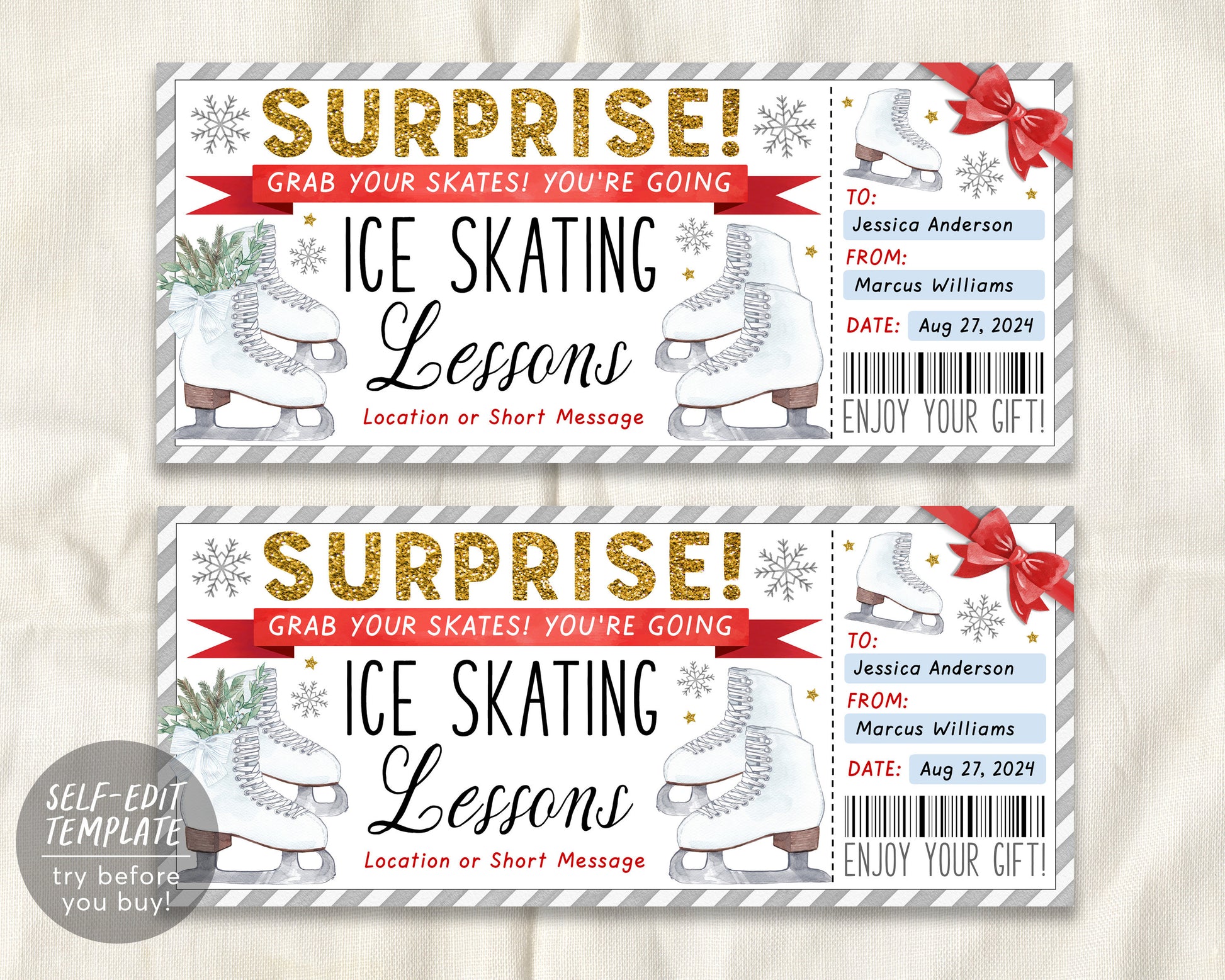 Ice Skating Lessons Gift Certificate Editable Template
