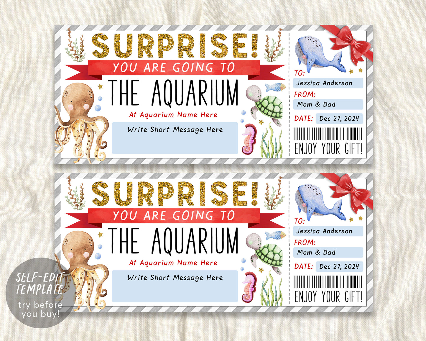 Aquarium Trip Ticket Editable Template