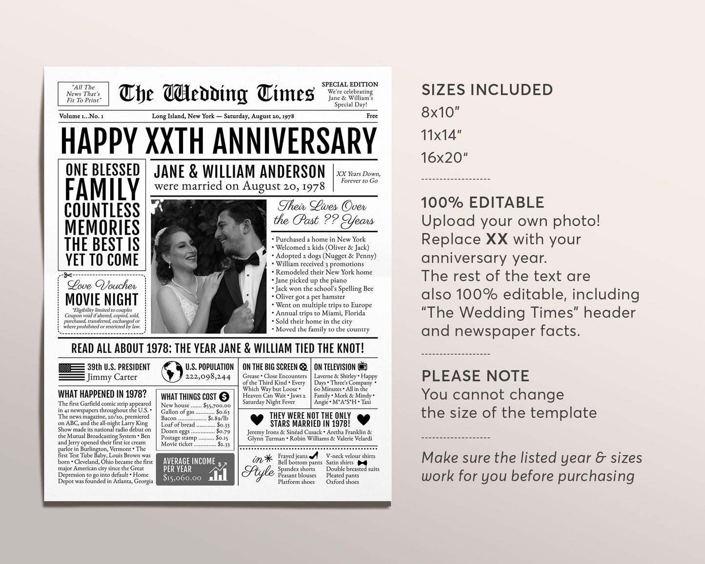 Back in 1978 47th 48th 49th Anniversary Gift Newspaper Editable Template, Personalized 47 48 49 Year Wedding For Parents Husband Or Wife