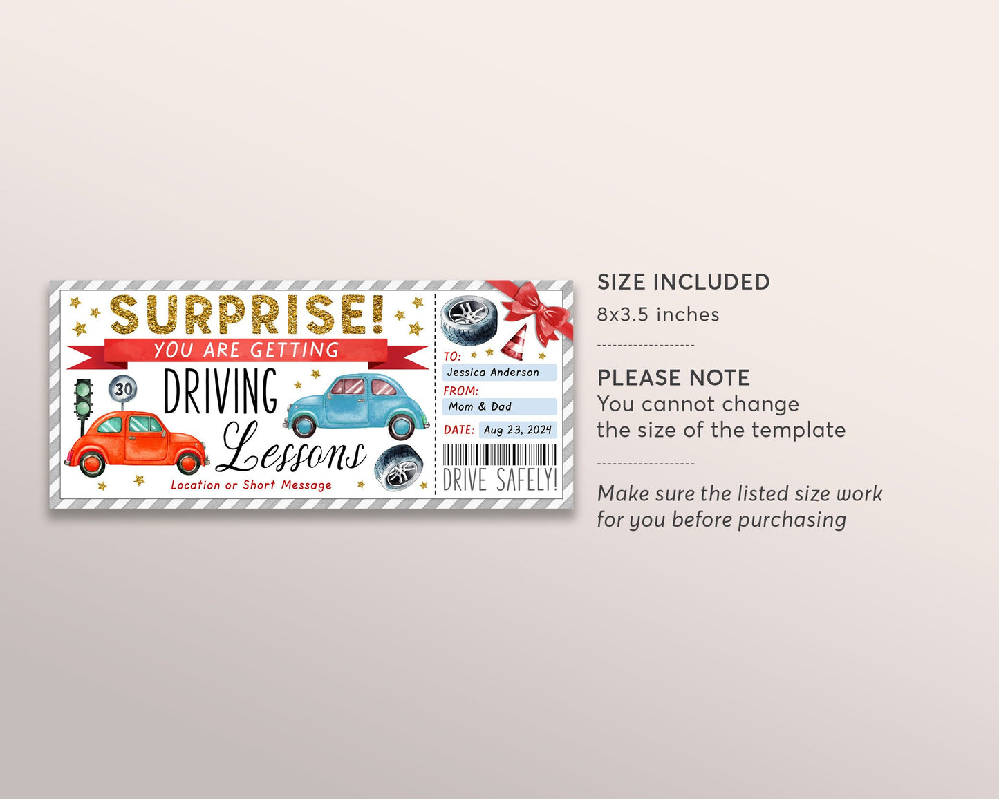 Driving Lessons Gift Certificate Editable Template, Surprise Driving School Gift Voucher Ticket, Learn to Drive Learner Experience Coupon