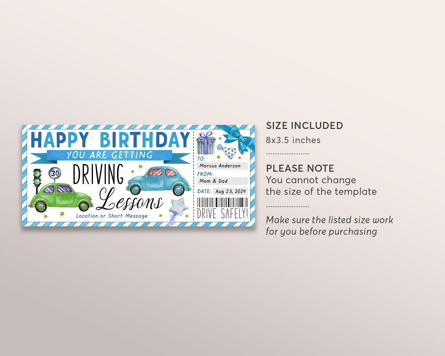 Driving Lessons Gift Certificate Editable Template, 17th Birthday Surprise Driving School Gift Voucher Ticket, Learn to Drive Learner Coupon