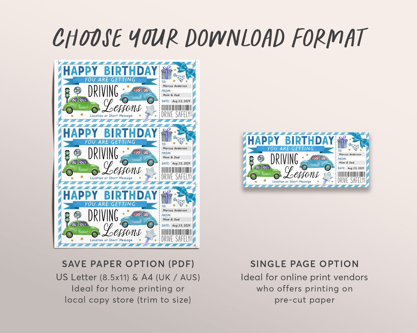 Driving Lessons Gift Certificate Editable Template, 17th Birthday Surprise Driving School Gift Voucher Ticket, Learn to Drive Learner Coupon