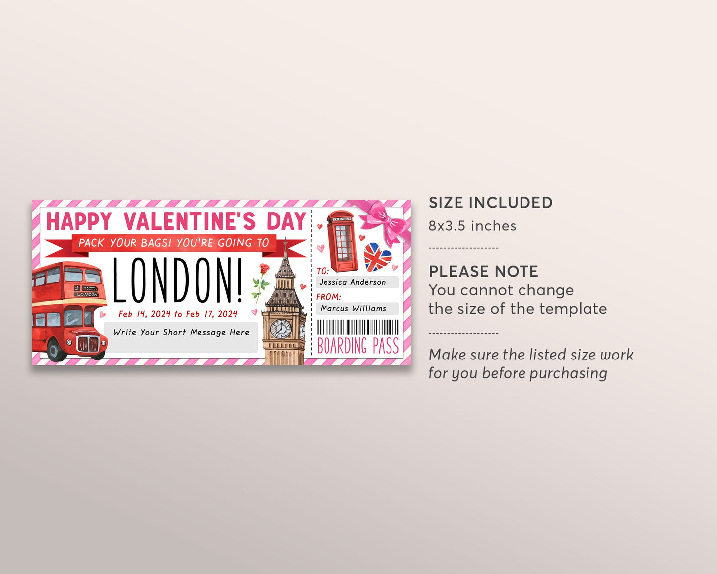 Valentines Day London Gift Ticket Boarding Pass Editable Template, Surprise Travel Vacation Plane Ticket Certificate, England Holiday Trip