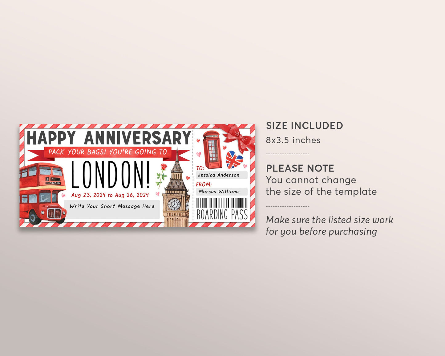 London Gift Ticket Boarding Pass Editable Template, Wedding Anniversary Surprise Travel Vacation Plane Ticket Certificate, England Holiday