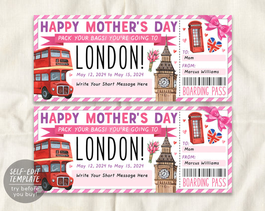 Mothers Day London Gift Ticket Boarding Pass Editable Template