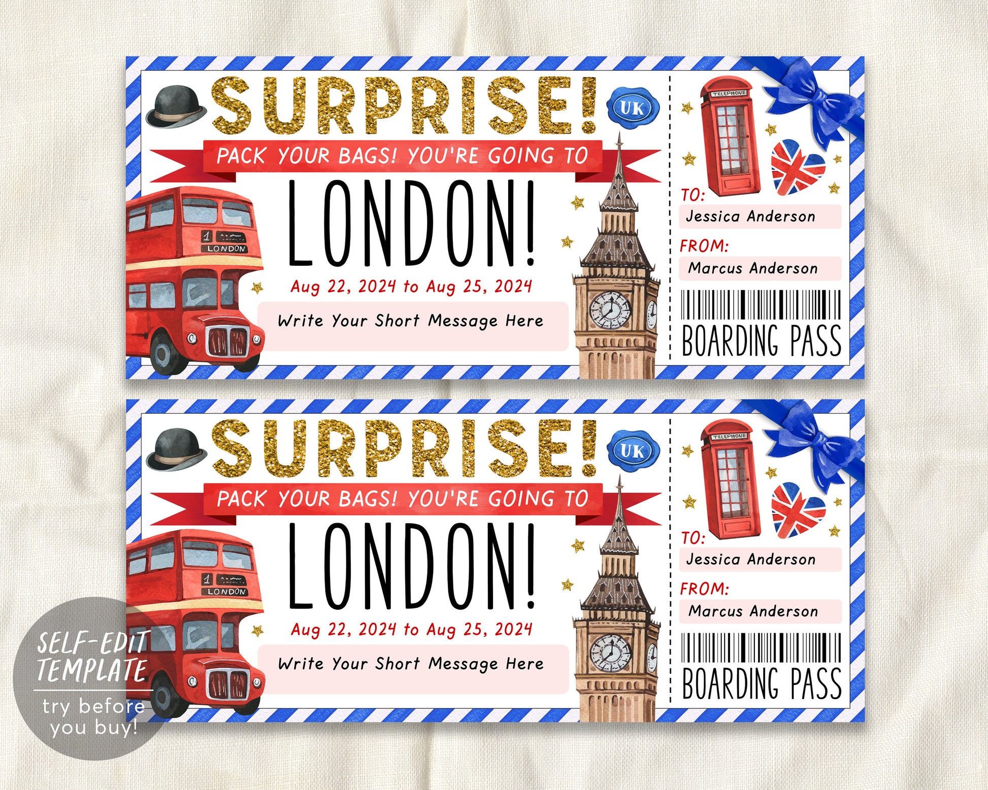 London Gift Ticket Boarding Pass Editable Template