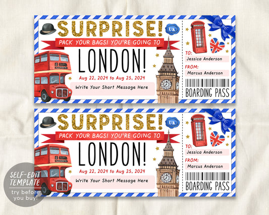 London Gift Ticket Boarding Pass Editable Template