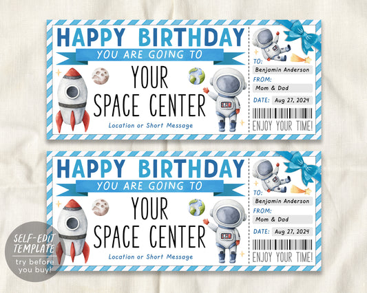 Birthday Space Center Surprise Trip Ticket Editable Template