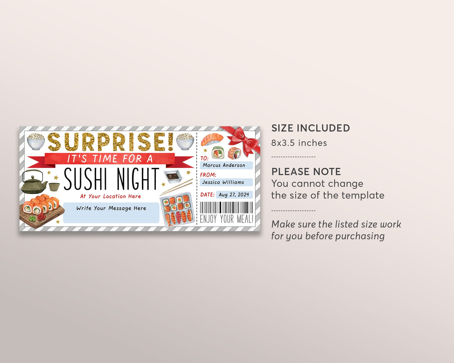 Sushi Night Ticket Voucher Editable Template, Surprise Sushi Date Night Coupon, Japanese Restaurant Dinner Date Omakase Gift Certificate