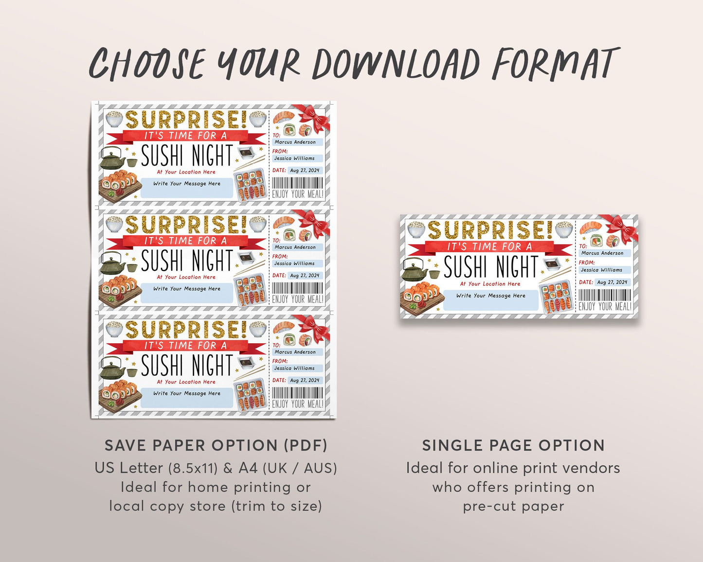 Sushi Night Ticket Voucher Editable Template, Surprise Sushi Date Night Coupon, Japanese Restaurant Dinner Date Omakase Gift Certificate