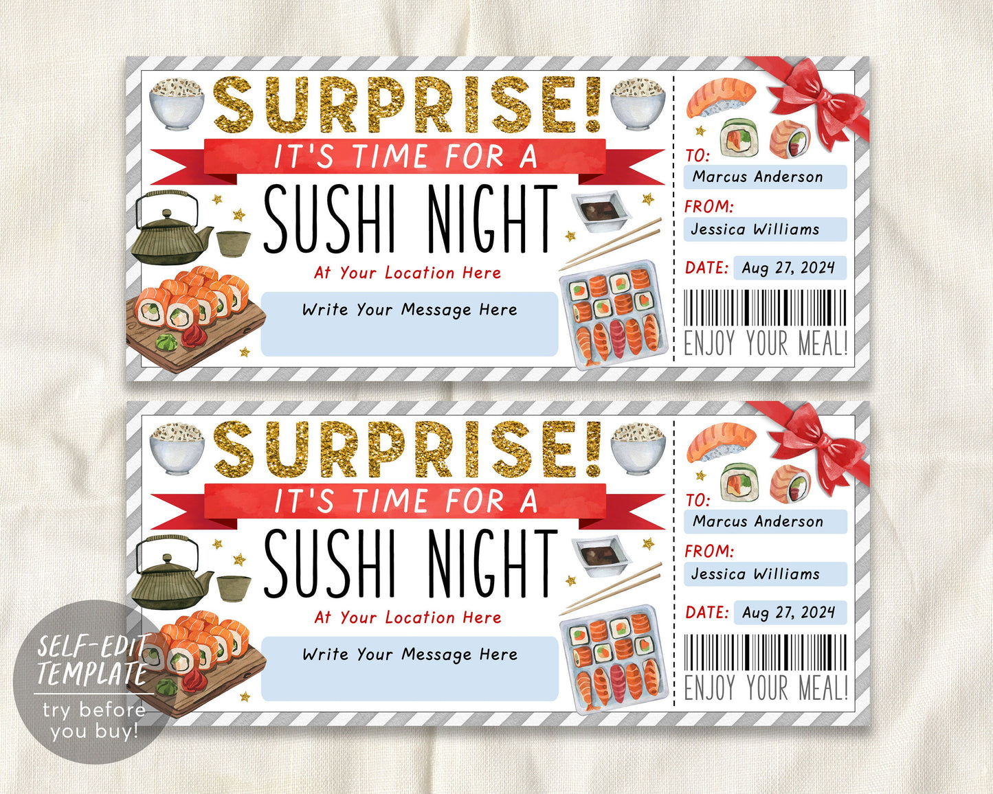 Sushi Night Ticket Voucher Editable Template