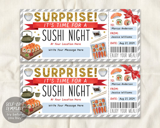 Sushi Night Ticket Voucher Editable Template