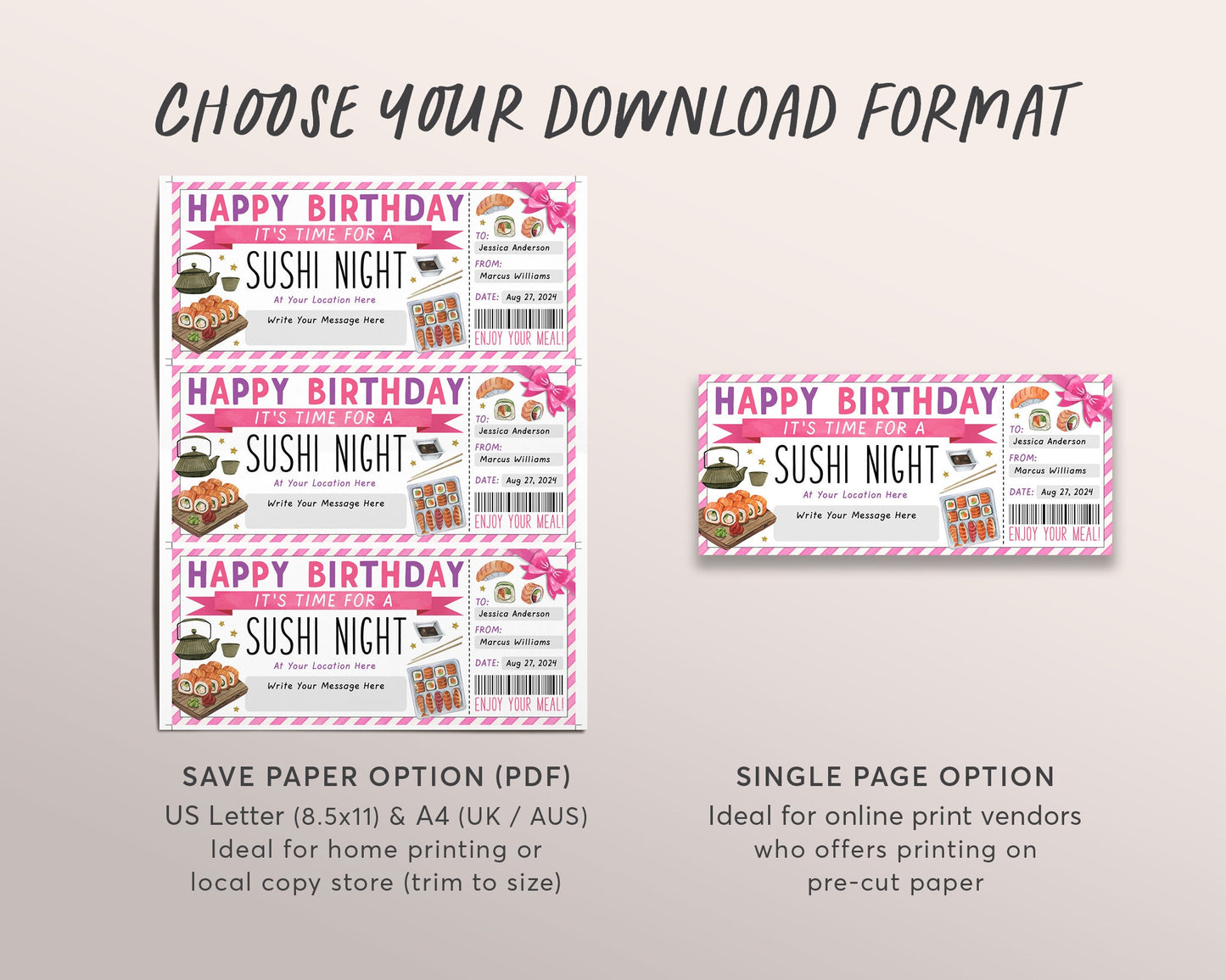 Sushi Night Ticket Voucher Editable Template, Birthday Surprise Sushi Date Night Coupon For Her Japanese Restaurant Omakase Gift Certificate