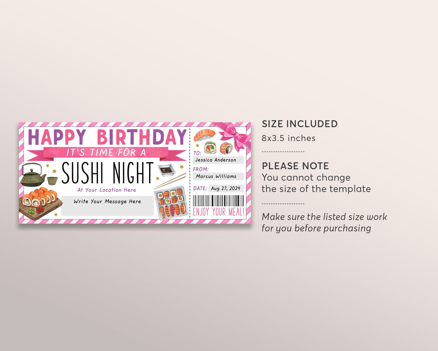 Sushi Night Ticket Voucher Editable Template, Birthday Surprise Sushi Date Night Coupon For Her Japanese Restaurant Omakase Gift Certificate