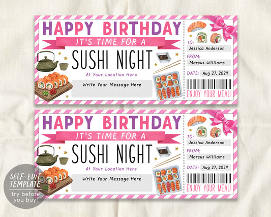 Birthday Sushi Night Ticket Voucher Editable Template
