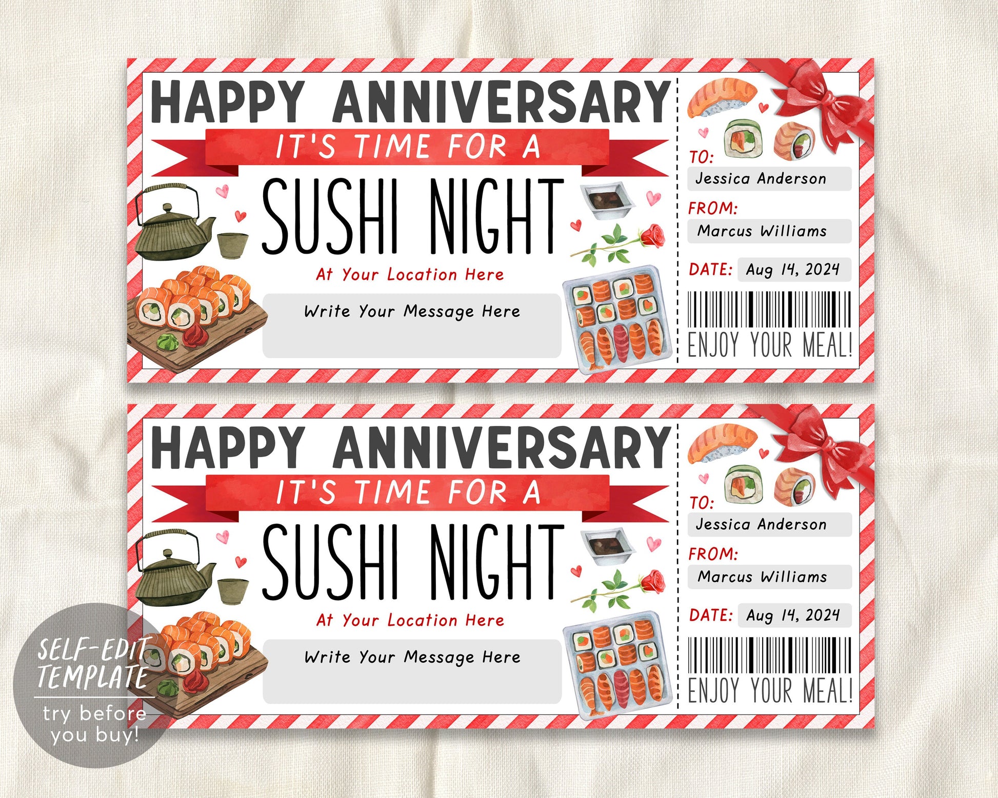 Wedding Anniversary Sushi Night Ticket Voucher Editable Template