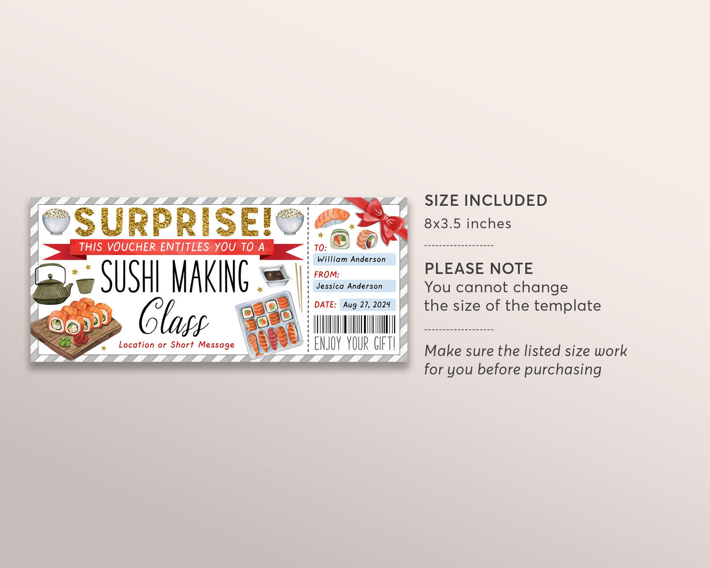 Sushi Making Class Ticket Voucher Editable Template, Surprise Japanese Cuisine Food Cooking Coupon, Cooking Lessons Certificate Printable