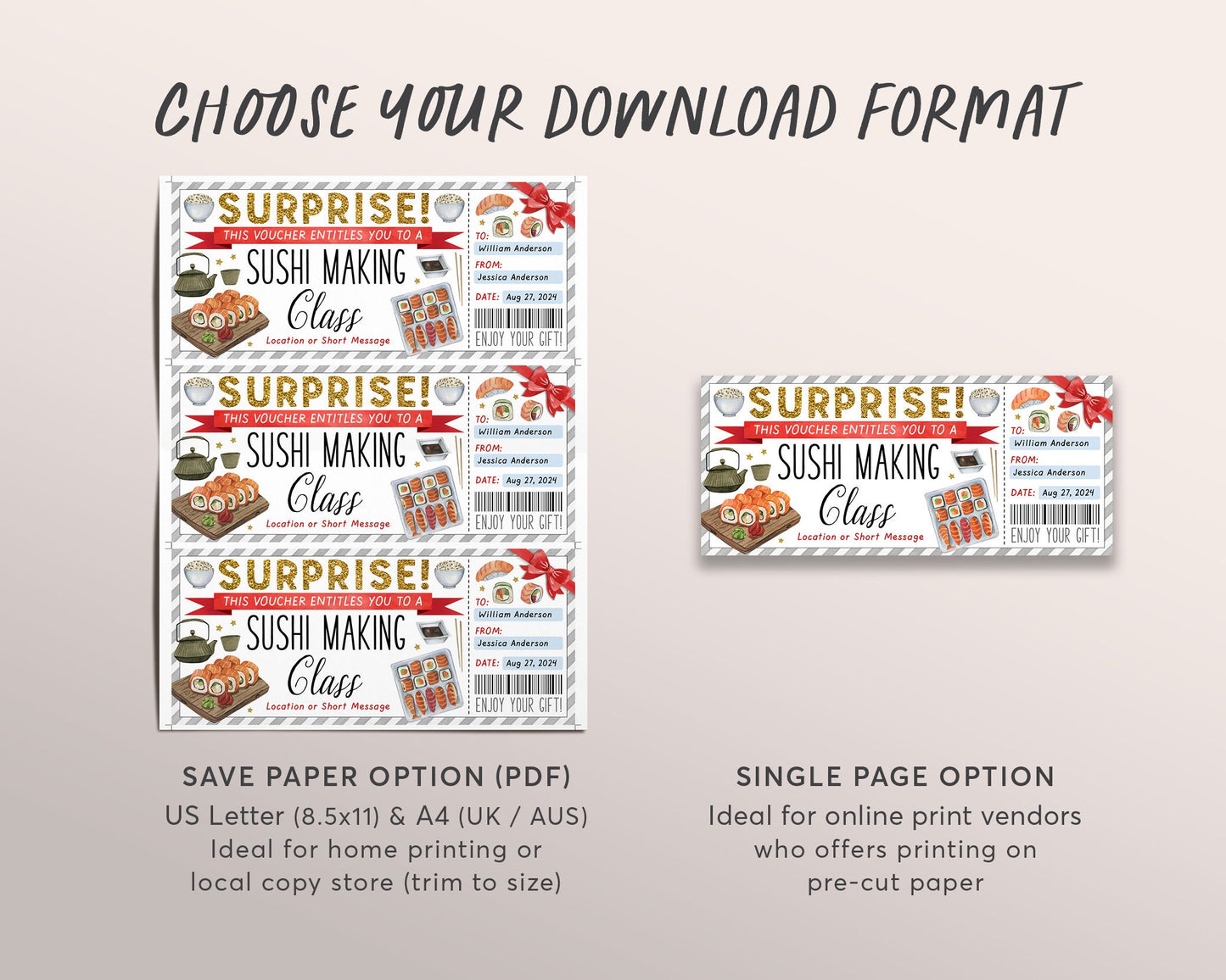 Sushi Making Class Ticket Voucher Editable Template, Surprise Japanese Cuisine Food Cooking Coupon, Cooking Lessons Certificate Printable