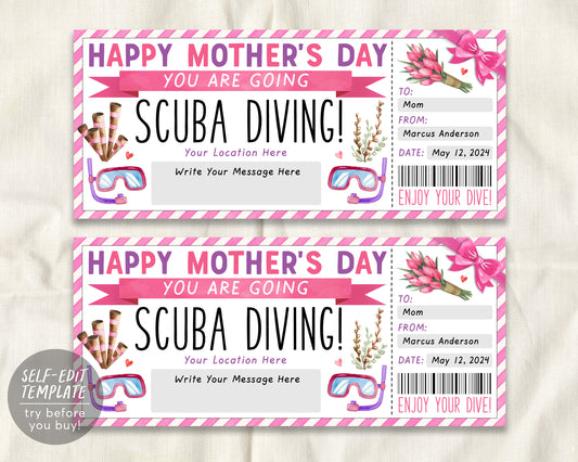 Mothers Day Scuba Diving Ticket Editable Template