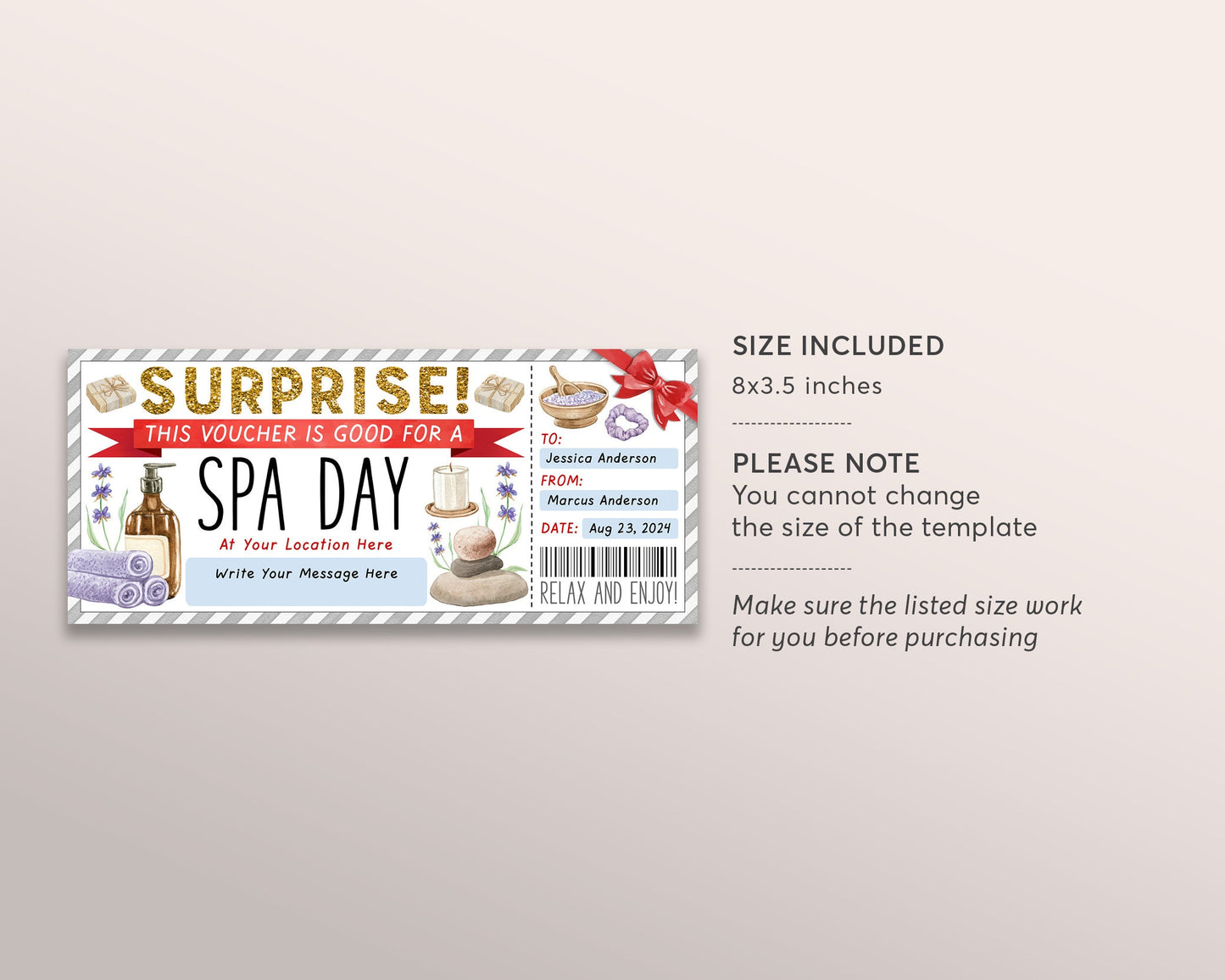 Spa Day Gift Voucher Ticket Editable Template, Surprise Spa Treatment Coupon Reveal, Holiday Spa Membership Wellness Package Certificate