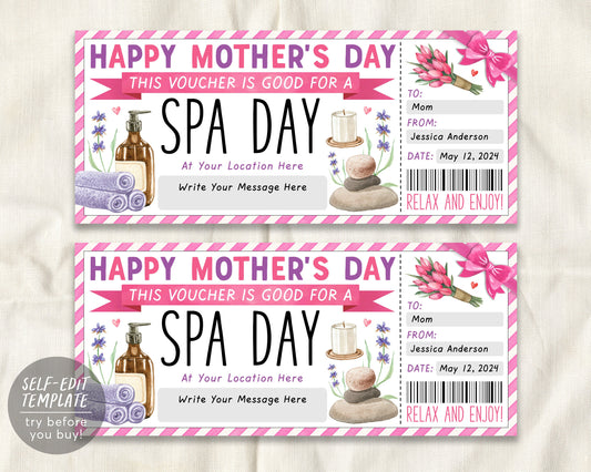 Mothers Day Spa Day Gift Voucher Ticket Editable Template