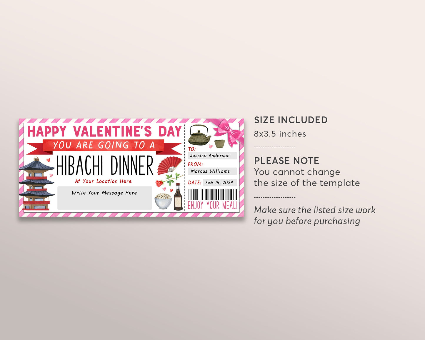 Valentines Day Hibachi Dinner Ticket Voucher Editable Template, Anniversary Hibachi Japanese Cuisine Restaurant Date Coupon Gift Certificate