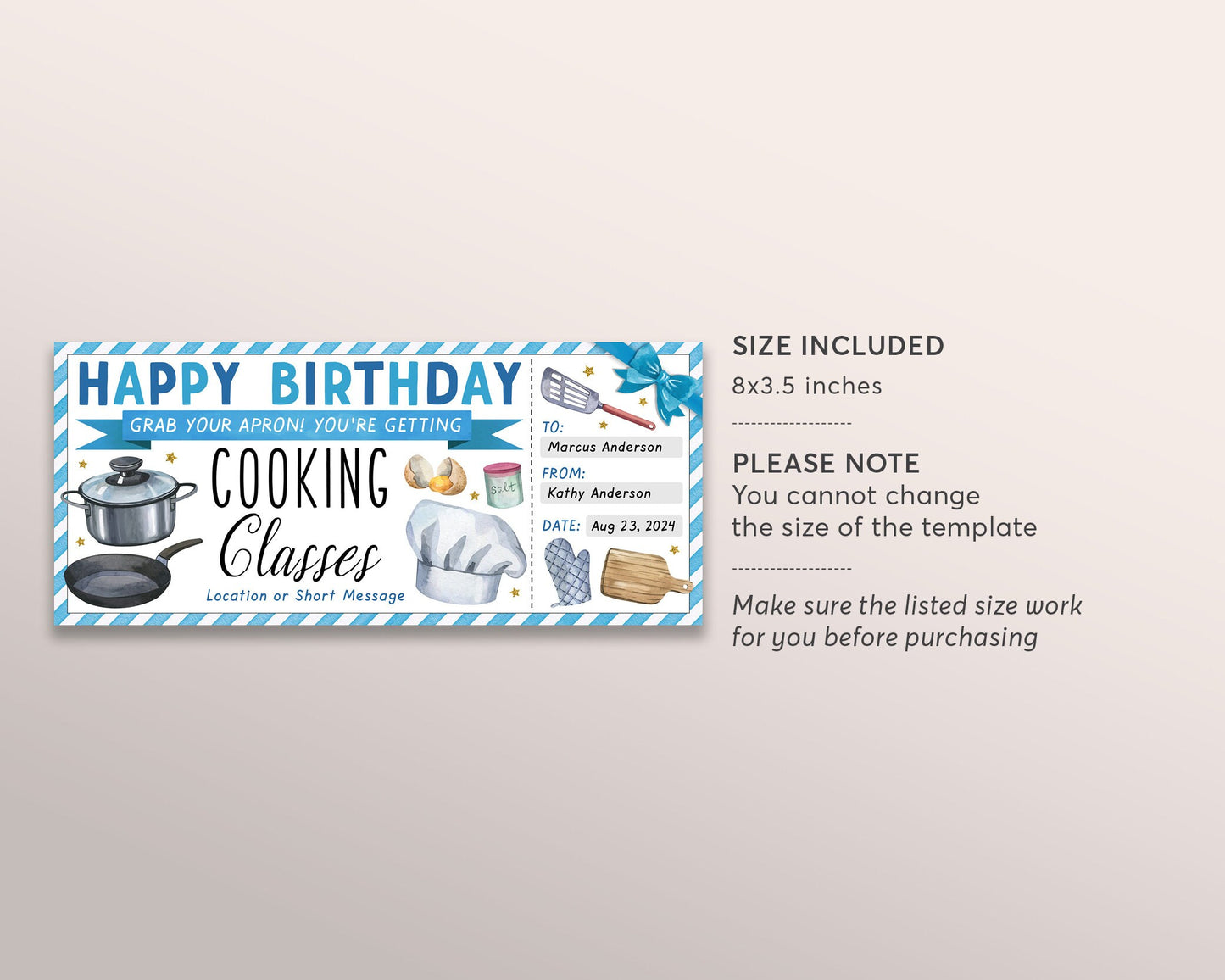 Cooking Classes Gift Certificate Ticket Editable Template, Birthday Surprise Cooking Lessons Course Experience, Food Lovers Gift Voucher