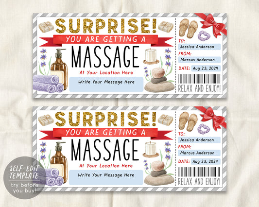 Massage Gift Certificate Ticket Editable Template