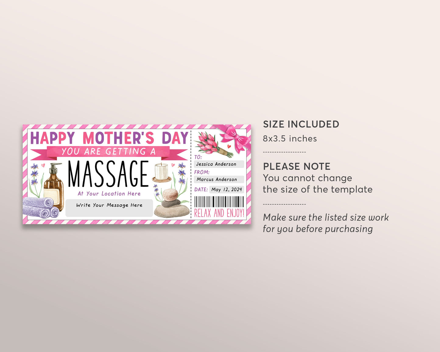 Mothers Day Massage Gift Certificate Ticket Editable Template, Anniversary Surprise Salon Spa Day Treatment Gift Voucher Coupon For Mom