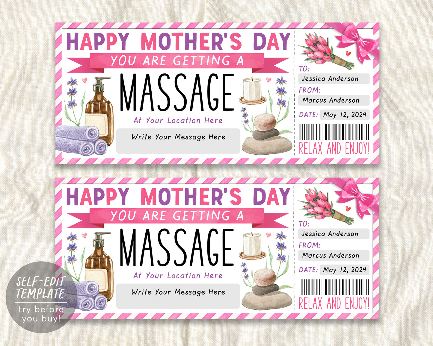 Mothers Day Massage Gift Certificate Ticket Editable Template