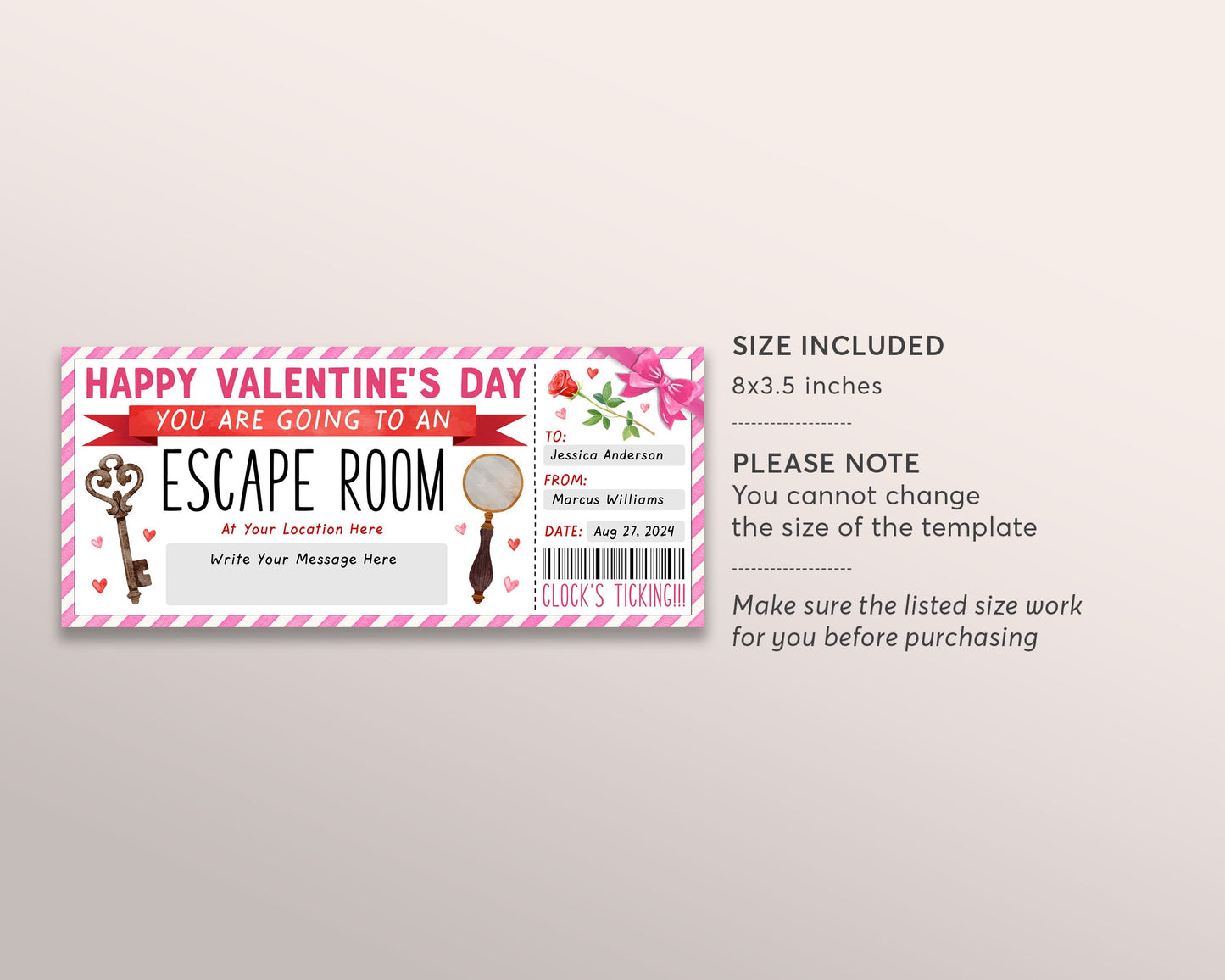 Valentines Day Escape Room Ticket Editable Template, Anniversary Surprise Game Room Gift Certificate Reveal, Mystery Experience Voucher