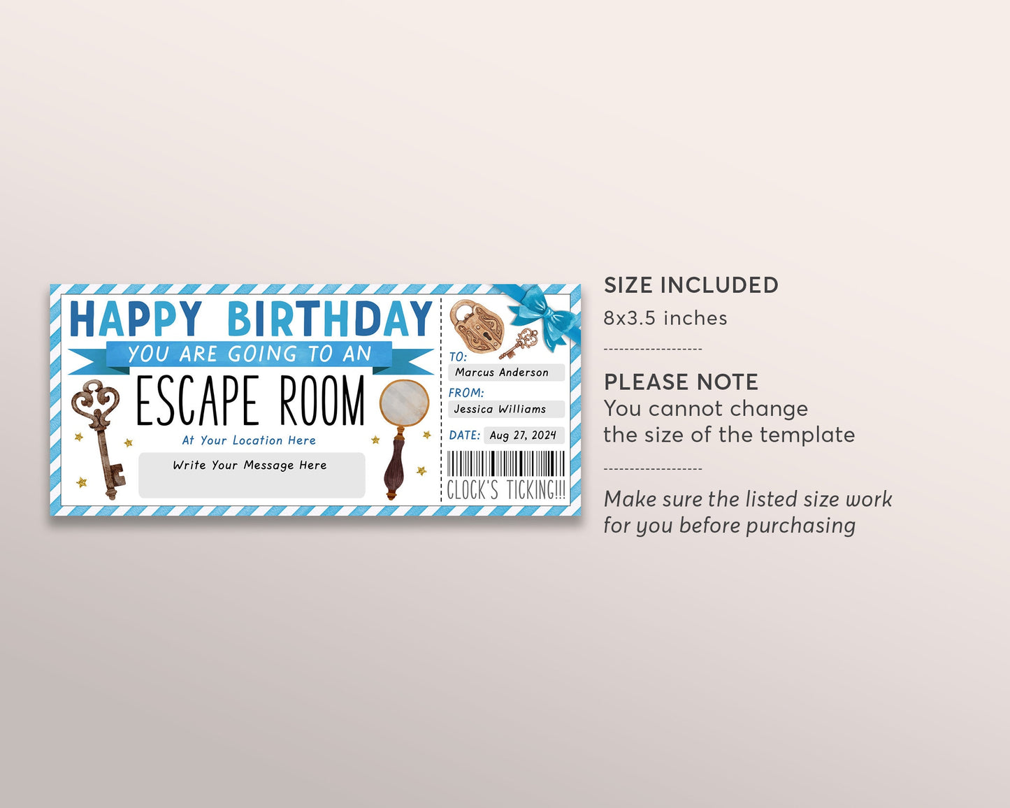 Birthday Escape Room Ticket Editable Template, Surprise Game Room Gift Certificate Reveal For Him, Mystery Experience Voucher Printable