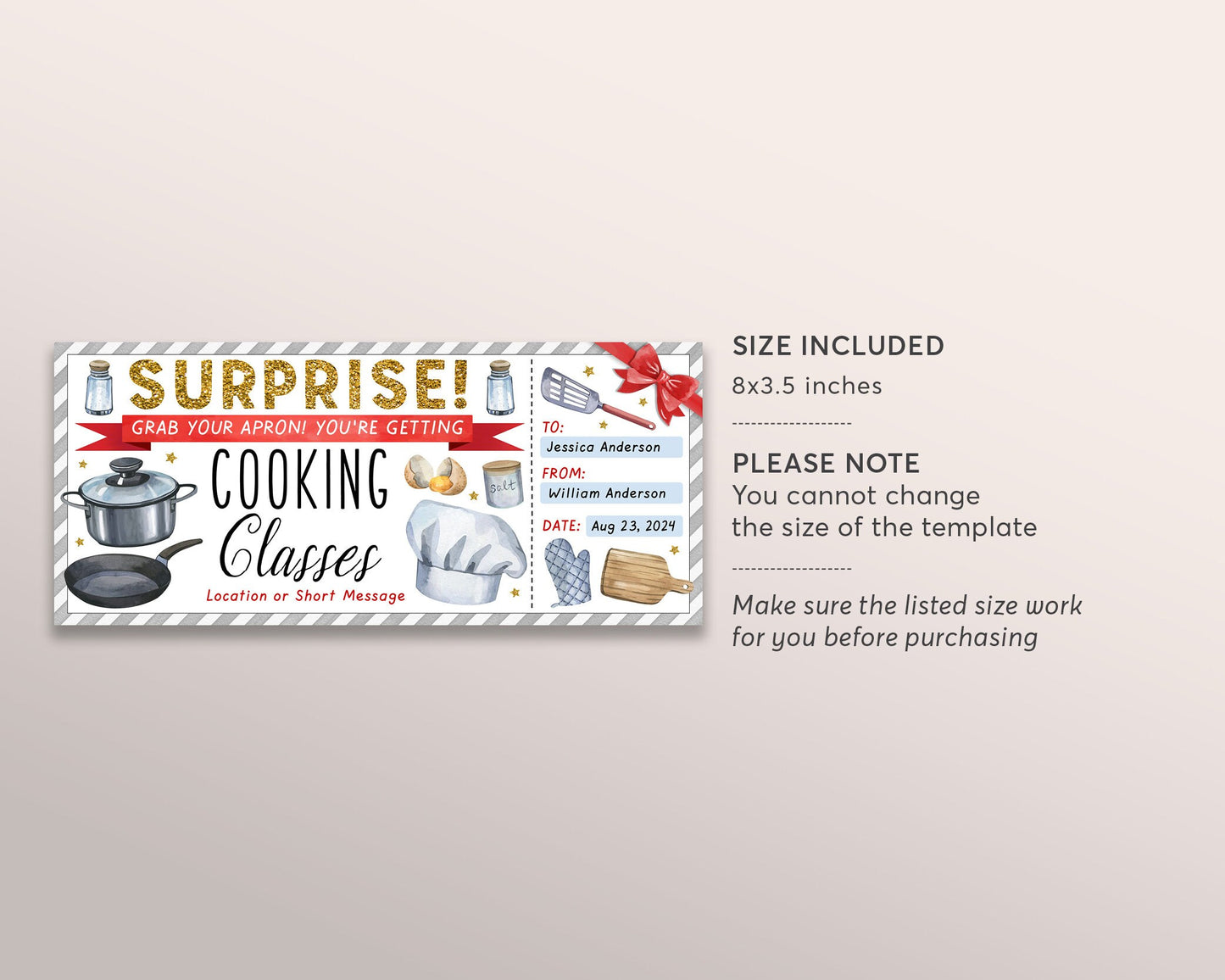 Cooking Classes Gift Certificate Ticket Editable Template, Surprise Cooking Lessons Course Experience, Food Lovers Gift Voucher Any Occasion