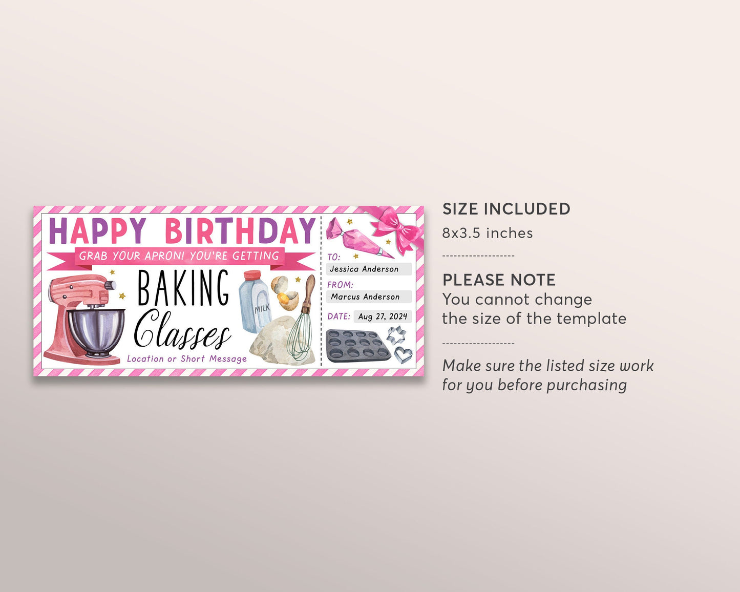 Baking Classes Gift Certificate Ticket Editable Template, Birthday Surprise Cake Baking Lessons Experience, Cake Decoration Gift Voucher