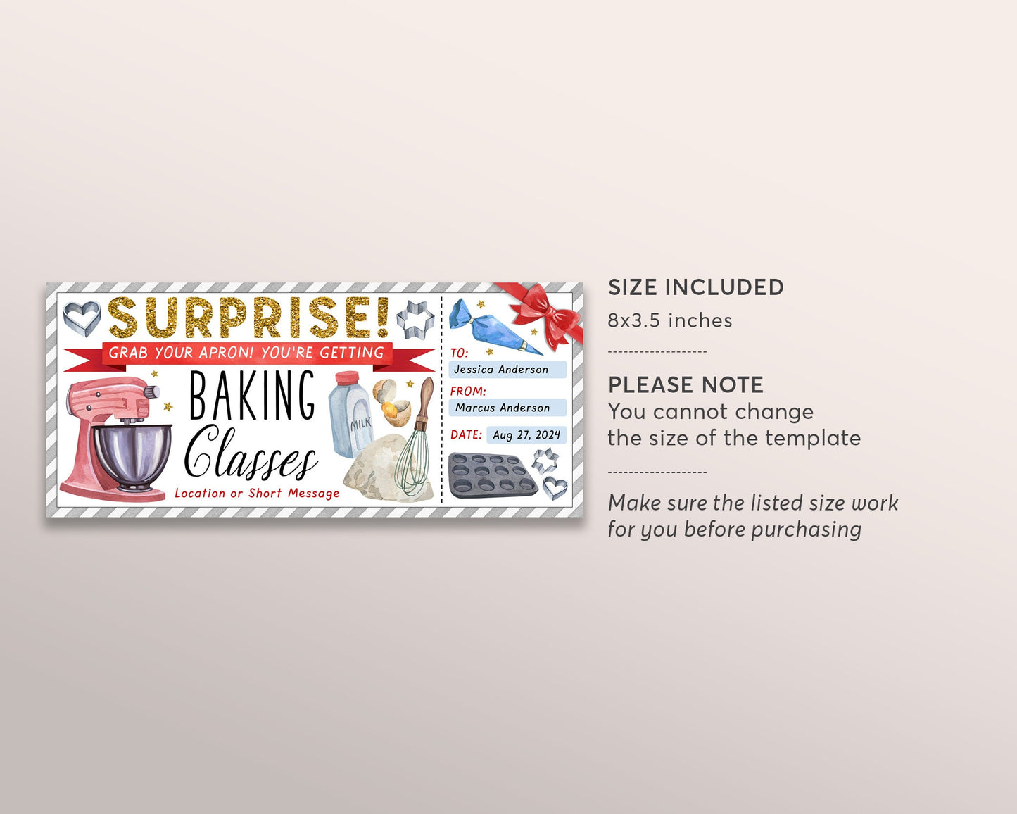 Baking Classes Gift Certificate Ticket Editable Template, Surprise Cake Baking Lessons Experience, Cake Decoration Gift Voucher Any Occasion