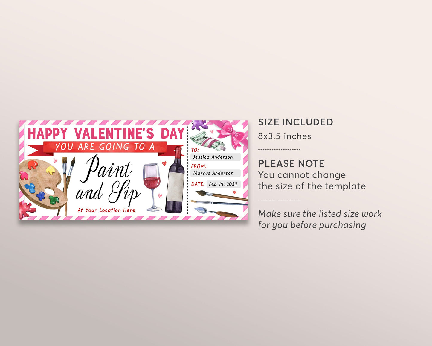 Valentines Day Paint And Sip Class Gift Certificate Ticket Editable Template, Painting Experience Art Lessons Couples Date Night Voucher