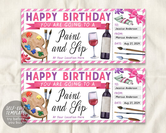 Paint And Sip Class Gift Certificate Ticket Editable Template