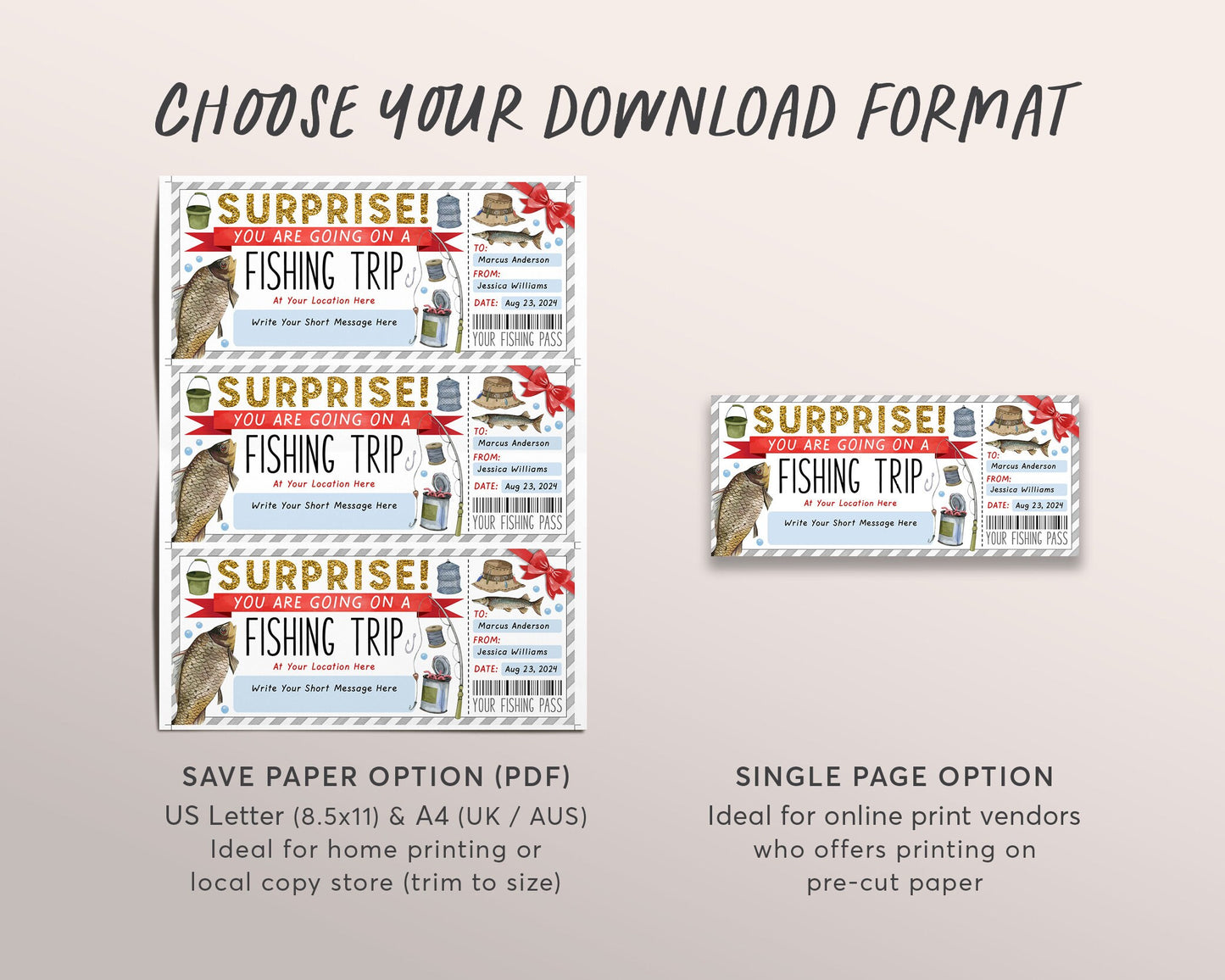 Fishing Trip Ticket Editable Template, Surprise Fishing Trip Reveal Gift Certificate, Fishing Experience Vacation Day Trip Voucher Coupon