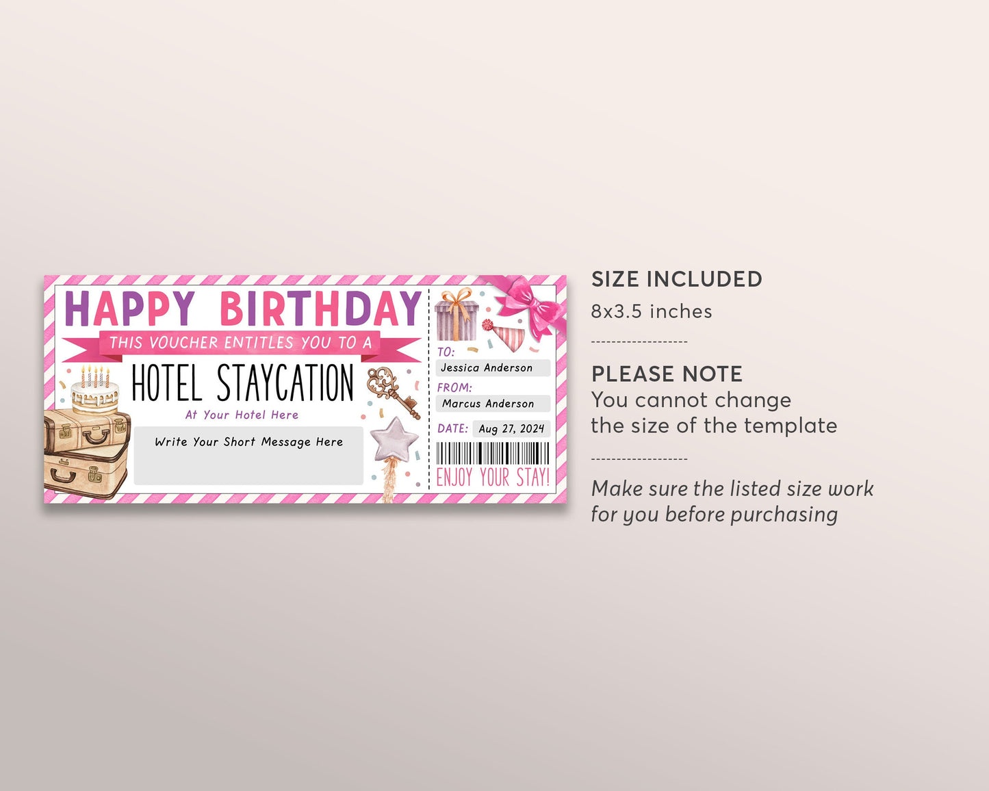 Birthday Hotel Staycation Voucher Editable Template, Surprise Hotel Reservation, Holiday Weekend Getaway Hotel Ticket Gift Certificate