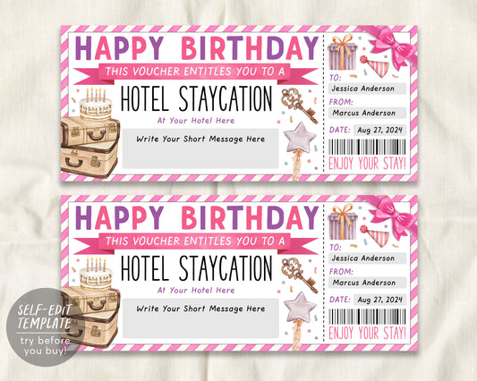 Birthday Hotel Staycation Voucher Editable Template