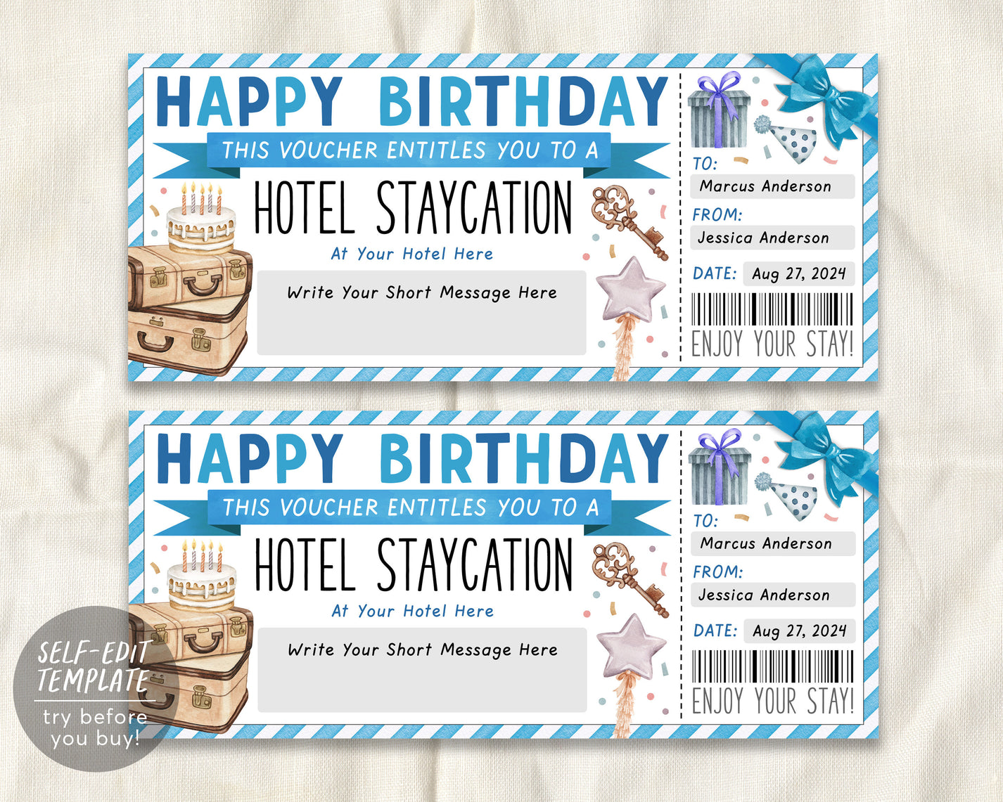 Hotel Staycation Voucher Editable Template, Birthday Surprise Hotel Re – Puff Paper Co