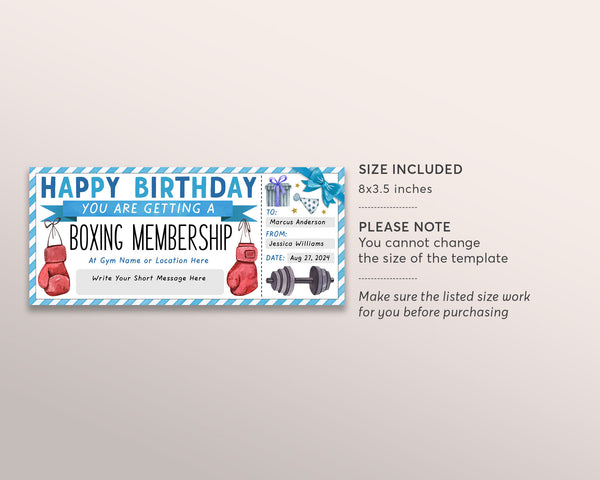 Boxing Membership Ticket Editable Template, Birthday Surprise Boxing L ...