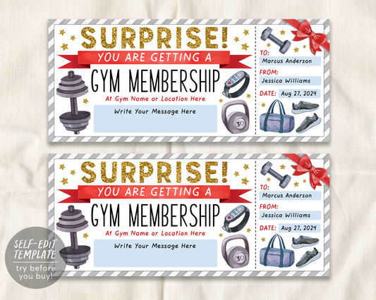 Gym Membership Ticket Editable Template, Surprise Personal Trainer Sports Voucher Gift Certificate, Workout Fitness Pass Coupon Printable
