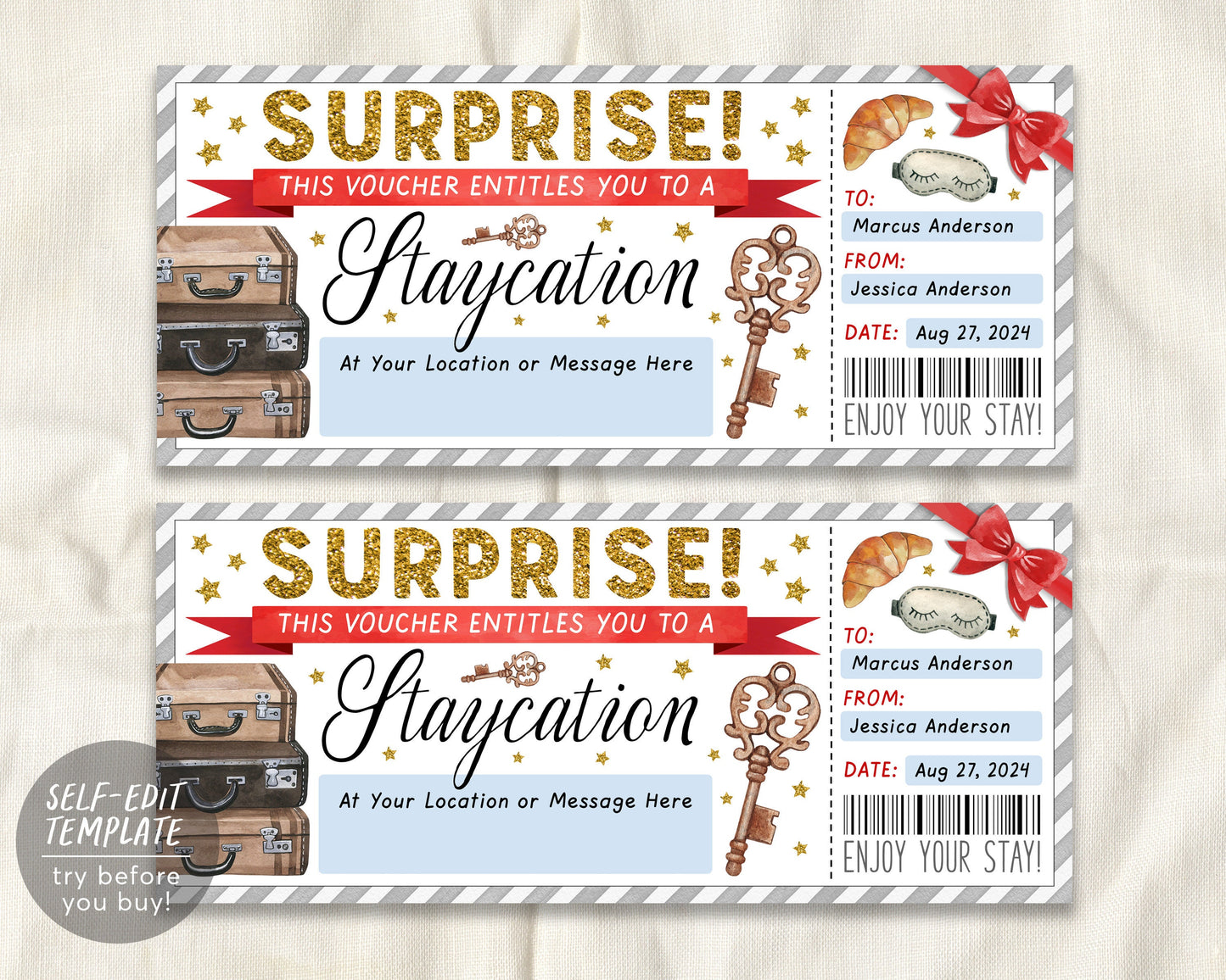 Surprise Staycation Voucher Editable Template