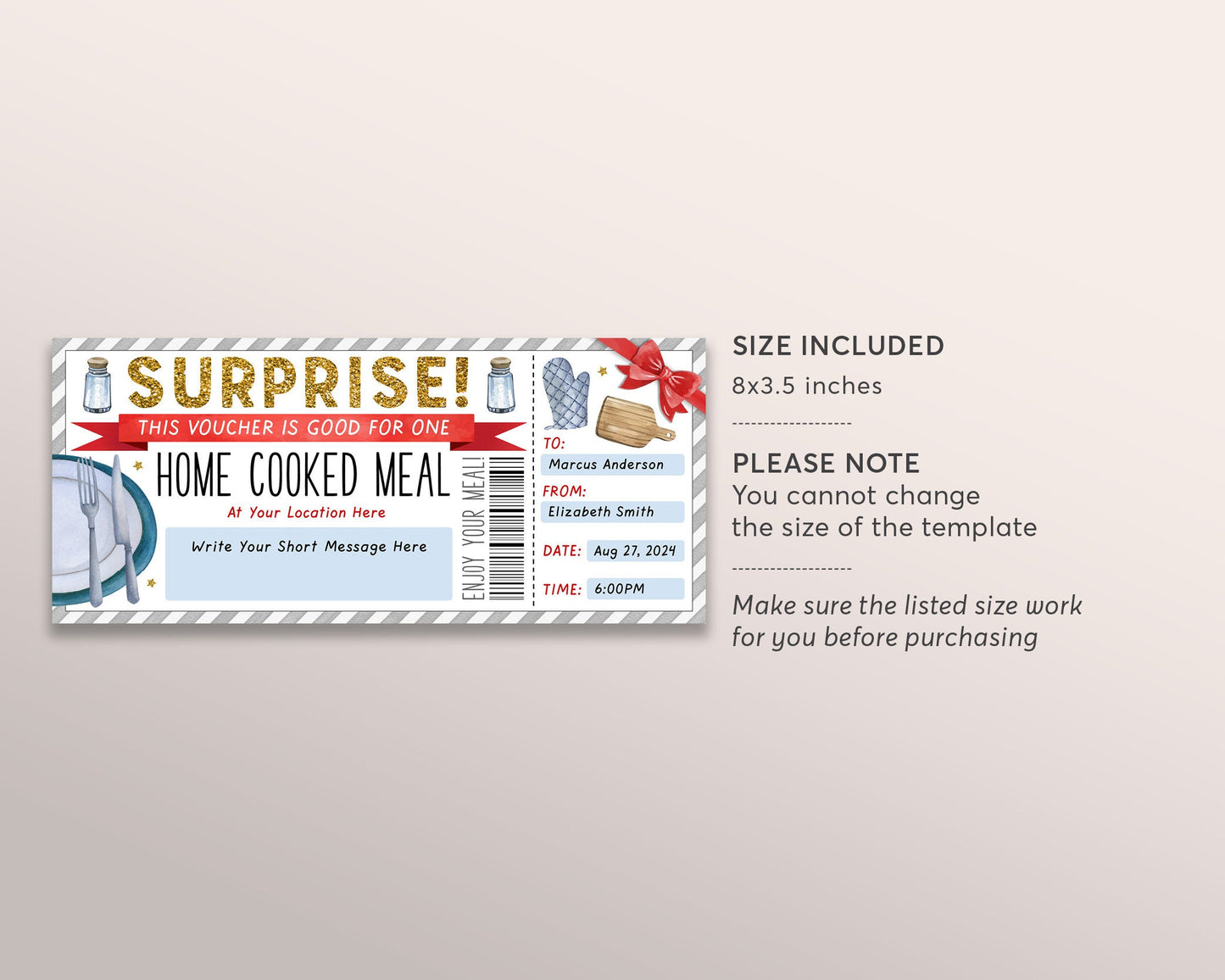 Home Cooked Meal Coupon Editable Template, Surprise Personal Chef Expe