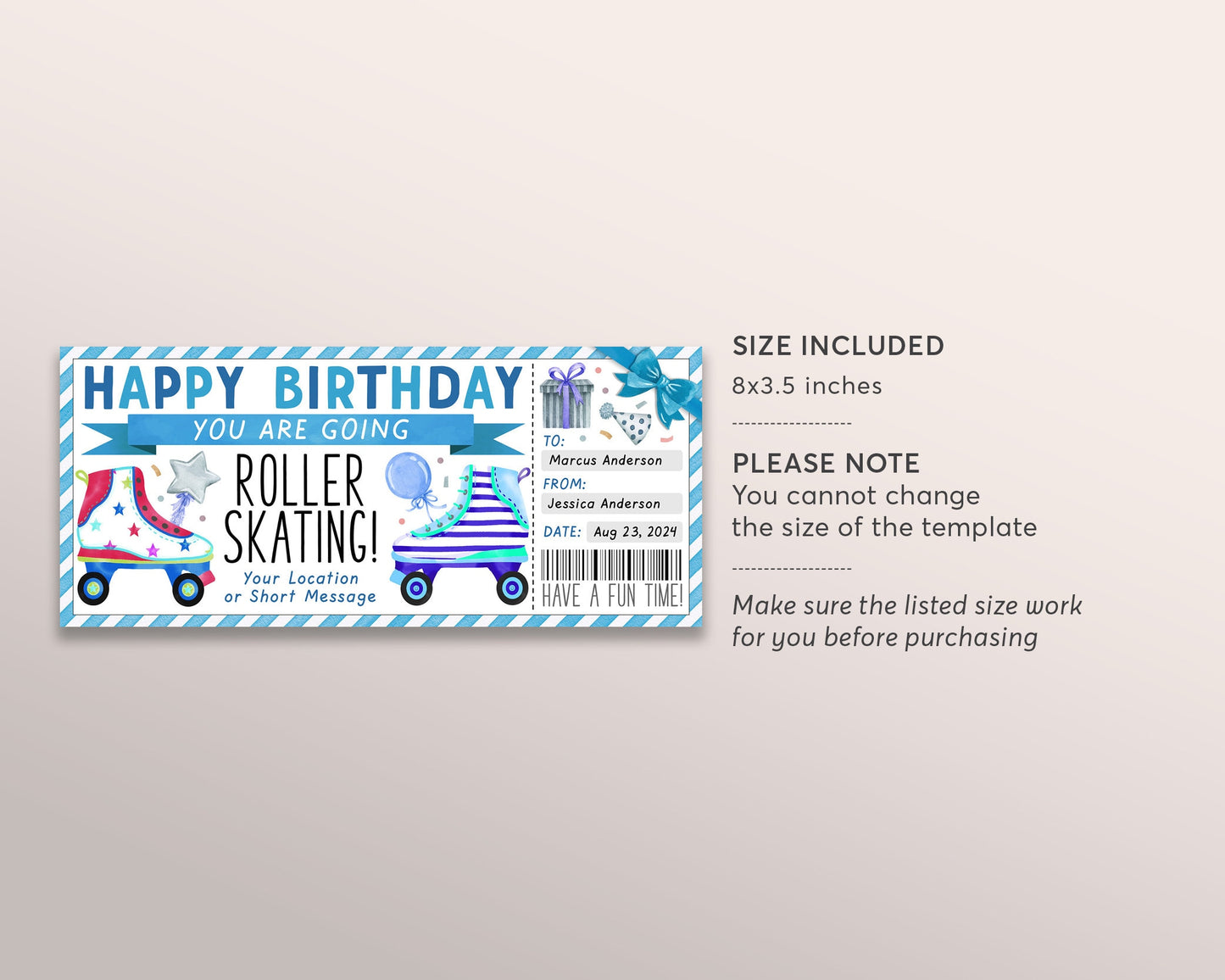 Roller Skating Ticket Editable Template, Birthday Surprise Roller Skating Experience Gift Voucher For Him, Rollerskating Lessons Certificate