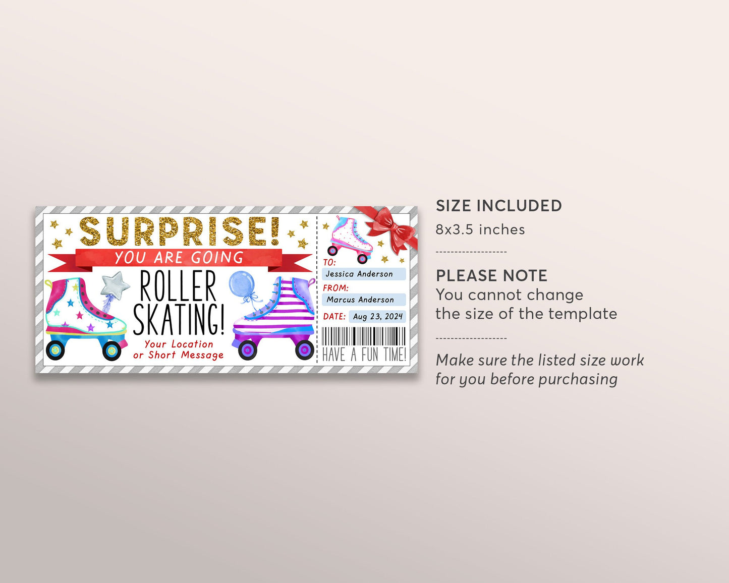 Roller Skating Ticket Editable Template, Surprise Roller Skating Experience Gift Voucher, Rollerskating Lessons Certificate, Any Occasion