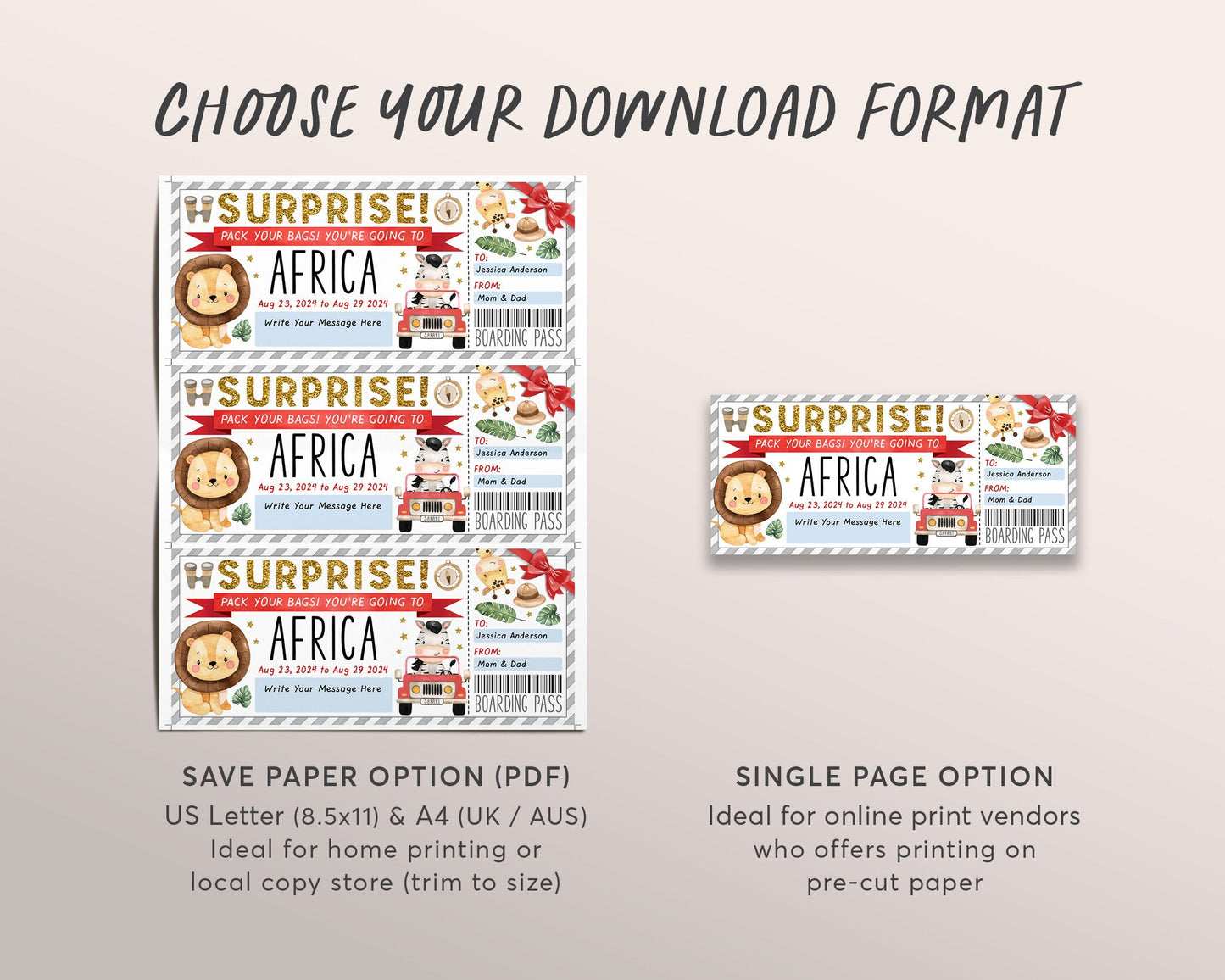 Africa Trip Plane Ticket Editable Template, Birthday Surprise Africa Travel Boarding Pass Vacation Gift Certificate, African Safari Reveal